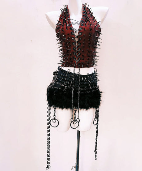 Fierce Red Spiked & Chained Halter Top | Halloween & Gothcore Statement Piece