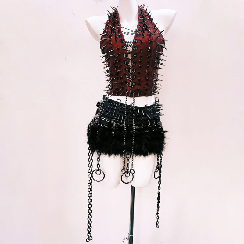 Fierce Red Spiked & Chained Halter Top | Halloween & Gothcore Statement Piece