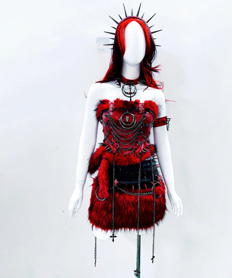 Fierce Red Gothcore Spiked Faux Leather & Faux Fur Tube Top | Halloween & Rave Ready