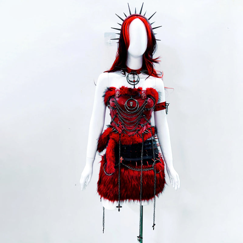 Fierce Red Gothcore Spiked Faux Leather & Faux Fur Tube Top | Halloween & Rave Ready