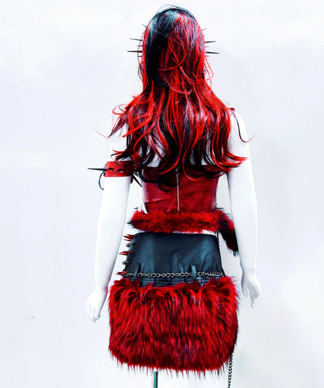 Fierce Red Gothcore Spiked Faux Leather & Faux Fur Tube Top | Halloween & Rave Ready