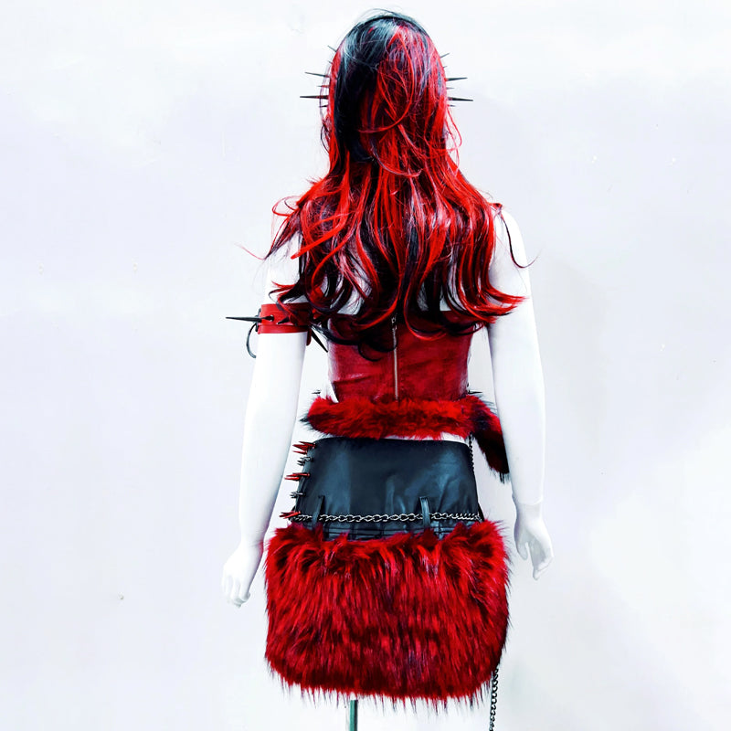 Fierce Red Gothcore Spiked Faux Leather & Faux Fur Tube Top | Halloween & Rave Ready