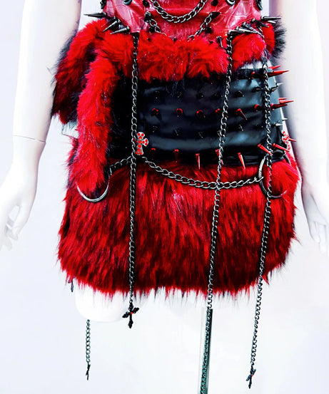 Fierce Red Gothcore Spiked Faux Leather & Faux Fur Tube Top | Halloween & Rave Ready