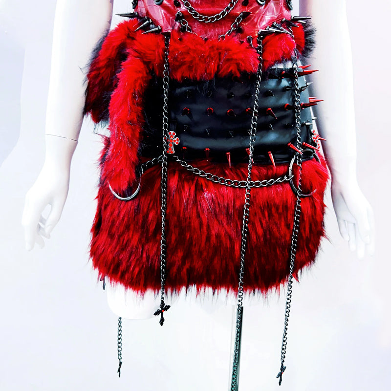 Fierce Red Gothcore Spiked Faux Leather & Faux Fur Tube Top | Halloween & Rave Ready