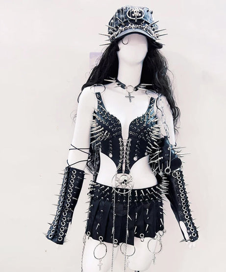 Fierce Spiked & Chain Vegan Leather Crop Top - Gothic Punk Halloween Rave Clubwear for Women
