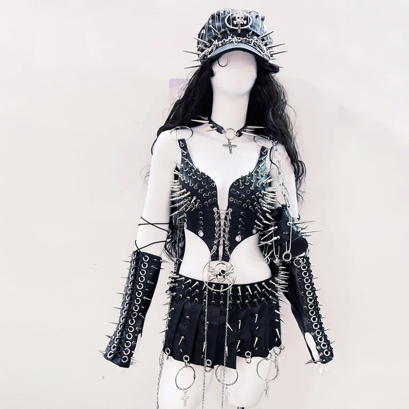 Fierce Spiked & Chain Vegan Leather Crop Top - Gothic Punk Halloween Rave Clubwear for Women