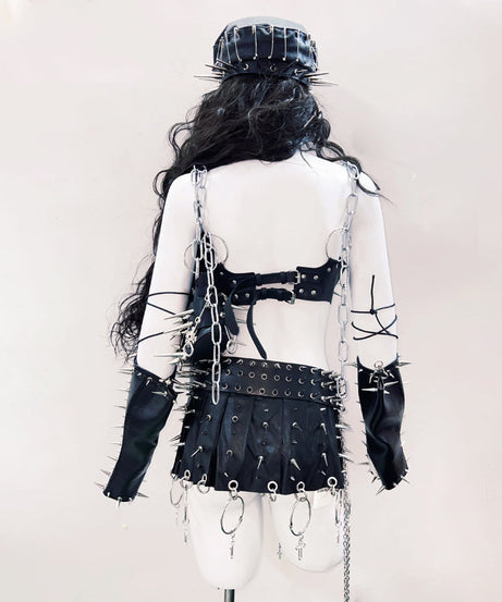 Fierce Spiked & Chain Vegan Leather Crop Top - Gothic Punk Halloween Rave Clubwear for Women