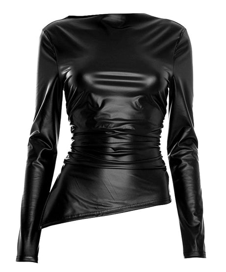 Chic Burgundy Faux Leather Asymmetrical Ruched Top – Fall & Holiday Ready