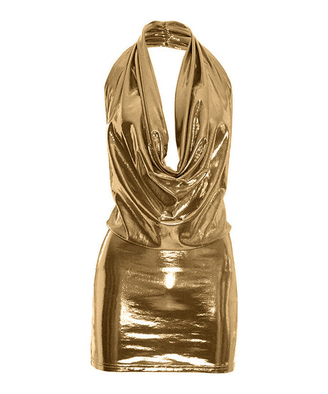 Showstopping Silver Metallic Halter Mini Dress - Cowl Neck & Backless for Holiday Parties & NYE