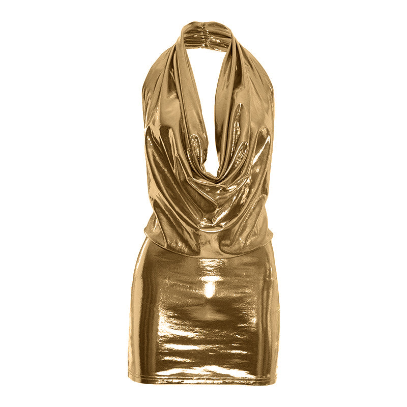 Showstopping Silver Metallic Halter Mini Dress - Cowl Neck & Backless for Holiday Parties & NYE