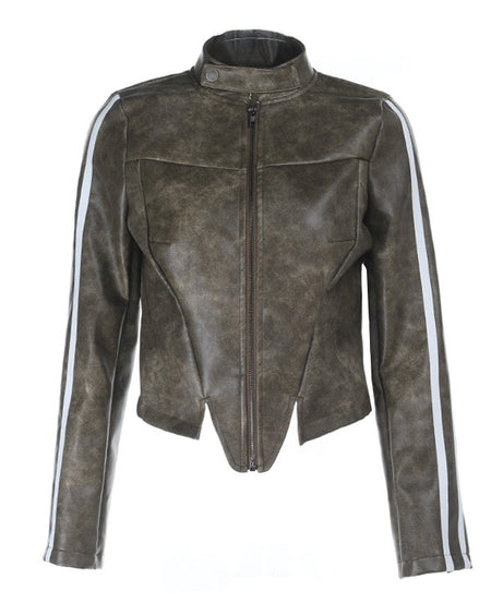 Women's Edgy Faux Leather Moto Jacket with Racing Stripes - Fall 2025 Chic