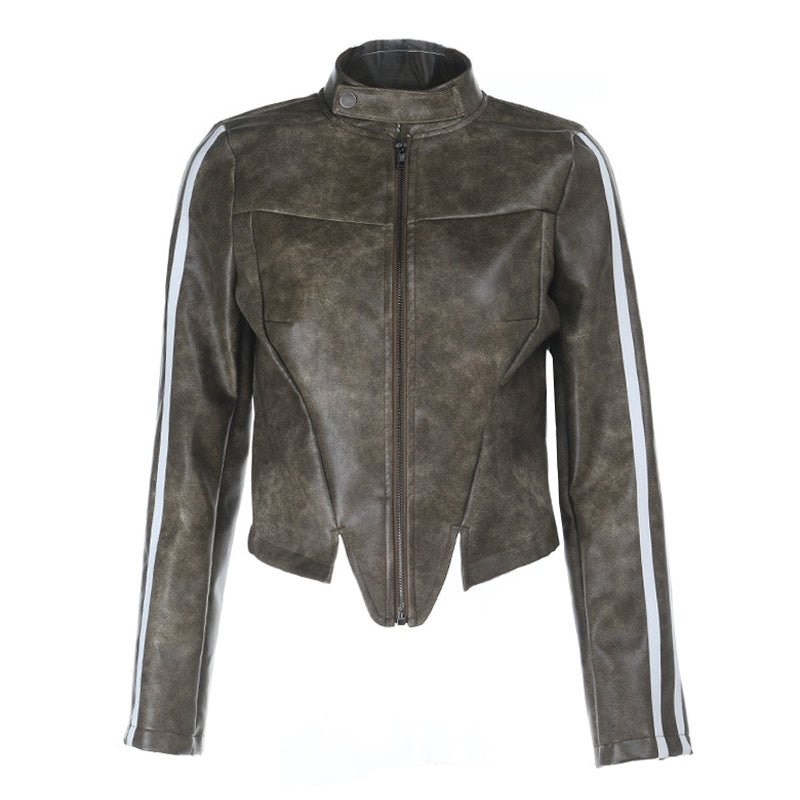Women's Edgy Faux Leather Moto Jacket with Racing Stripes - Fall 2025 Chic