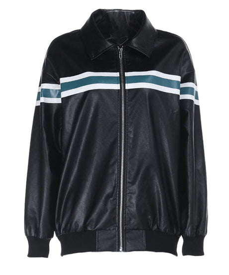 Women's Chic Striped Faux Leather Bomber Jacket - Fall 2025 Street Style