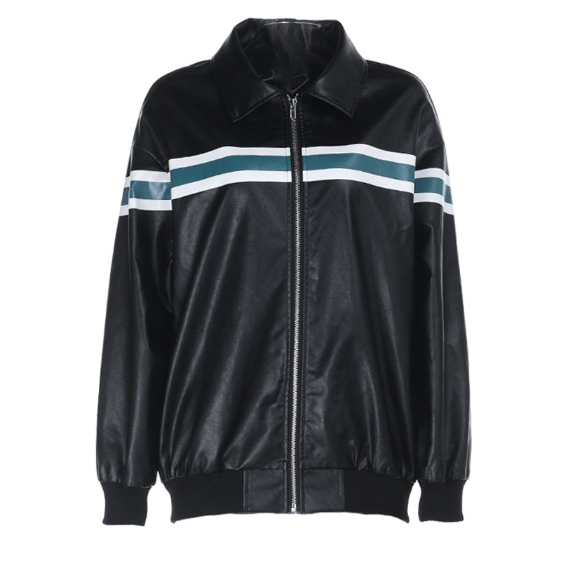Women's Chic Striped Faux Leather Bomber Jacket - Fall 2025 Street Style