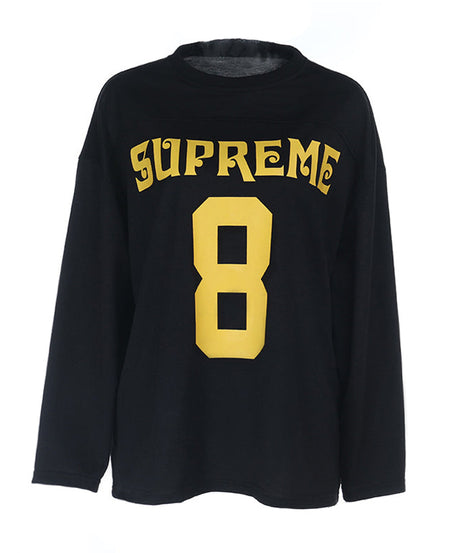 Game Day Chic: Cozy 'Supreme 8' Oversized Long Sleeve Top for Fall