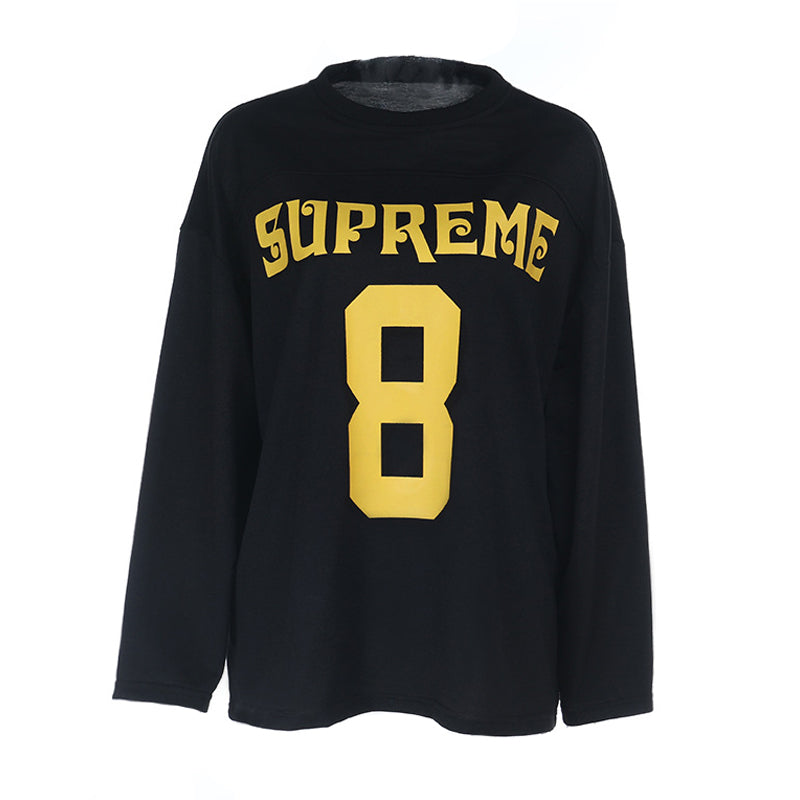 Game Day Chic: Cozy 'Supreme 8' Oversized Long Sleeve Top for Fall