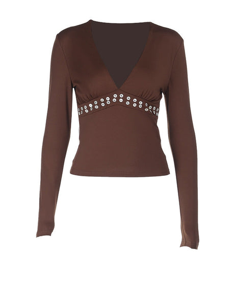 Autumn Luxe: Brown V-Neck Long Sleeve Top with Chic Studded Detail