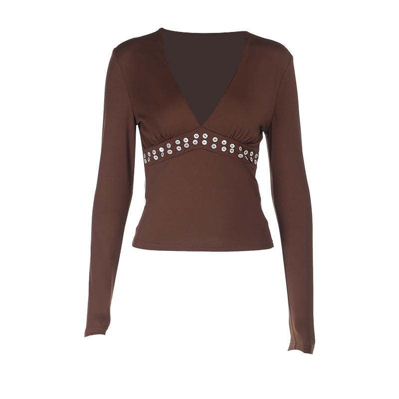 Autumn Luxe: Brown V-Neck Long Sleeve Top with Chic Studded Detail