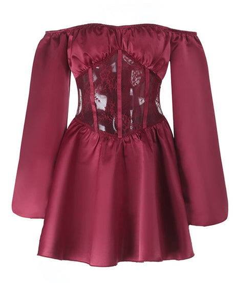 Romantic Wine Red Off-Shoulder Corset Mini Dress – Elegant Lace & Satin for Fall & Holiday Parties