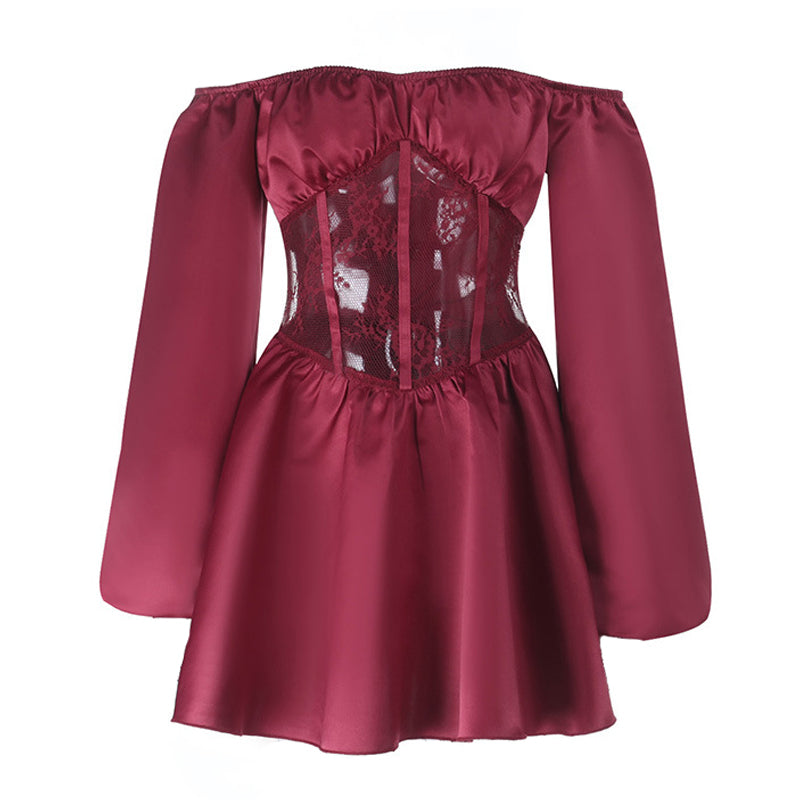 Romantic Wine Red Off-Shoulder Corset Mini Dress – Elegant Lace & Satin for Fall & Holiday Parties