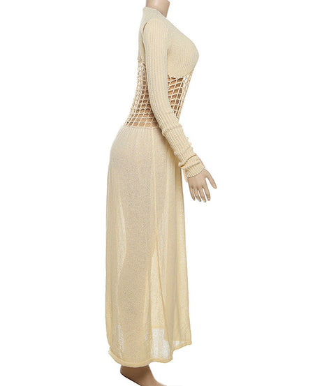 Autumn Resort Chic: V-Neck Knit Cut-Out Maxi Dress – Your Effortless Fall Getaway & Statement Piece