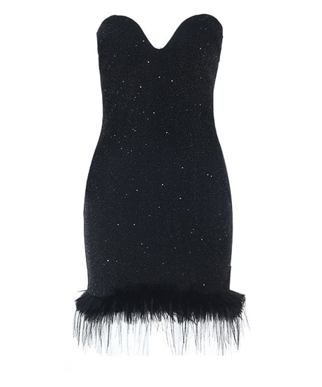 Glamorous Sweetheart Glitter Mini Dress with Feather Trim - Holiday & NYE Party Ready