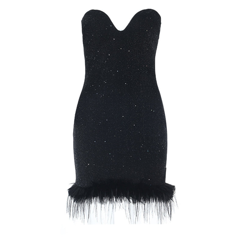 Glamorous Sweetheart Glitter Mini Dress with Feather Trim - Holiday & NYE Party Ready
