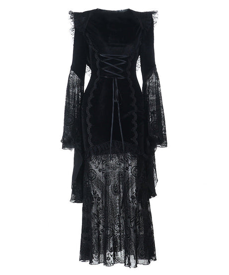 Elegant Gothic Velvet Maxi Dress with Flared Bell Sleeves & Corset Detail - Perfect for Halloween & Fall Romance