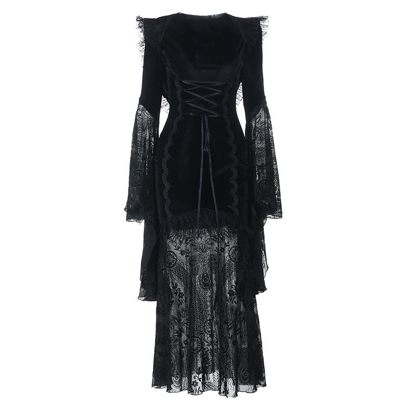 Elegant Gothic Velvet Maxi Dress with Flared Bell Sleeves & Corset Detail - Perfect for Halloween & Fall Romance