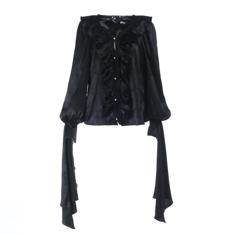 Bewitching Black Gothic Maxi Dress - Dramatic Victorian Ruffle V-Neck for Halloween & Fall Galas