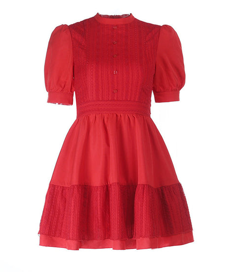 The 'Autumn Charm' Red Lace Mini Dress: Elegant Puff Sleeves & High Neck for Fall