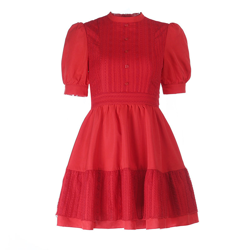 The 'Autumn Charm' Red Lace Mini Dress: Elegant Puff Sleeves & High Neck for Fall