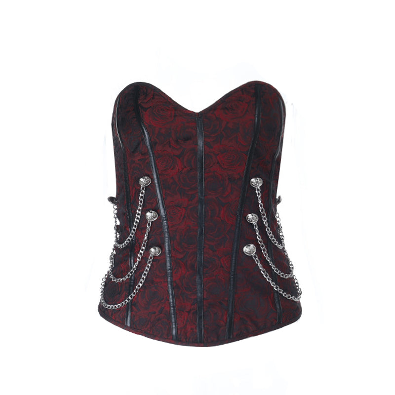 Halloween Enchantress: Gothic Sweetheart Corset Top with Metal Chains - Red & Black Dark Romance