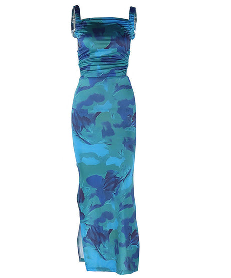 Chic Abstract Blue Ruched Maxi Dress – Square Neck, Side Slit & Backless Tie for Holiday Glam & Resort Escapes
