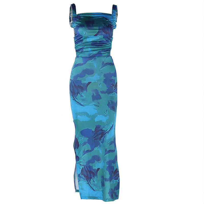 Chic Abstract Blue Ruched Maxi Dress – Square Neck, Side Slit & Backless Tie for Holiday Glam & Resort Escapes