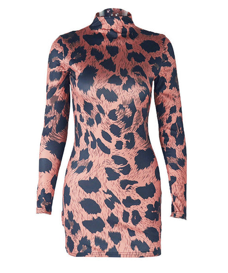 Sleek Fall Statement: High Neck Leopard Print Long Sleeve Bodycon Mini Dress