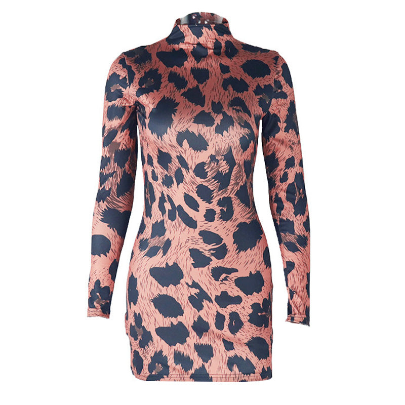Sleek Fall Statement: High Neck Leopard Print Long Sleeve Bodycon Mini Dress