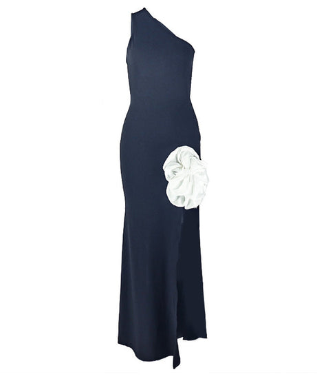 Elegant One-Shoulder Floral Appliqué Maxi Dress with High Slit - Perfect for Fall & Holiday Galas