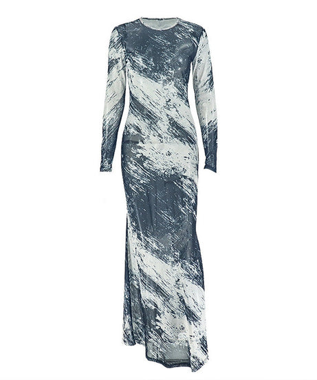 Fall Artistry Mesh Maxi Dress | Long Sleeve Abstract Brushstroke Sheer Bodycon