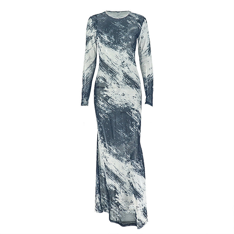 Fall Artistry Mesh Maxi Dress | Long Sleeve Abstract Brushstroke Sheer Bodycon