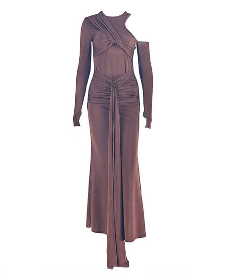 Chic Asymmetrical One-Shoulder Maxi Dress - Rich Mocha Ruched & Draped Fall/Holiday Glamour