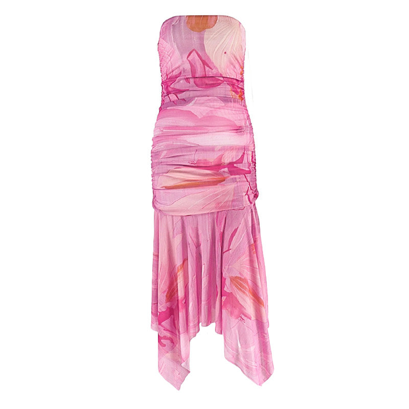 Chic Pink Floral Strapless Ruched Maxi Dress - Your Dreamy Fall Escape & Resort Wear