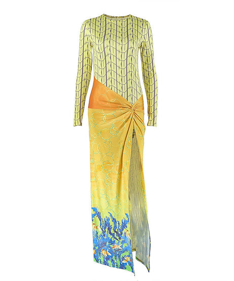 Coastal Chic Long Sleeve Maxi Dress: Ocean Print Knot Detail & High Slit for Your Warm-Weather Getaway
