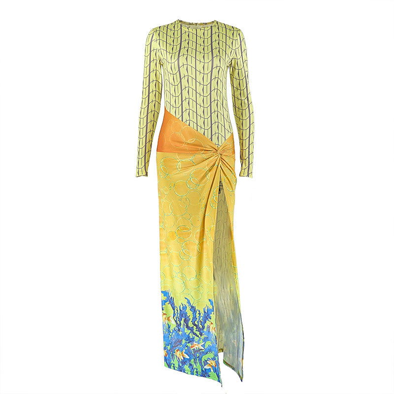 Coastal Chic Long Sleeve Maxi Dress: Ocean Print Knot Detail & High Slit for Your Warm-Weather Getaway