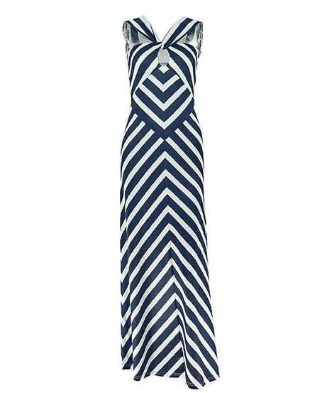 Chic Navy & White Chevron Maxi Dress | Keyhole Twisted Halter for Effortless Style