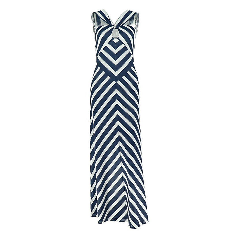 Chic Navy & White Chevron Maxi Dress | Keyhole Twisted Halter for Effortless Style