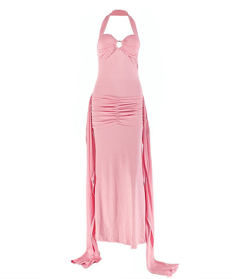 Glamorous Pink Halter O-Ring Maxi Dress | Ruched Backless for Autumn Events & Resort Getaways