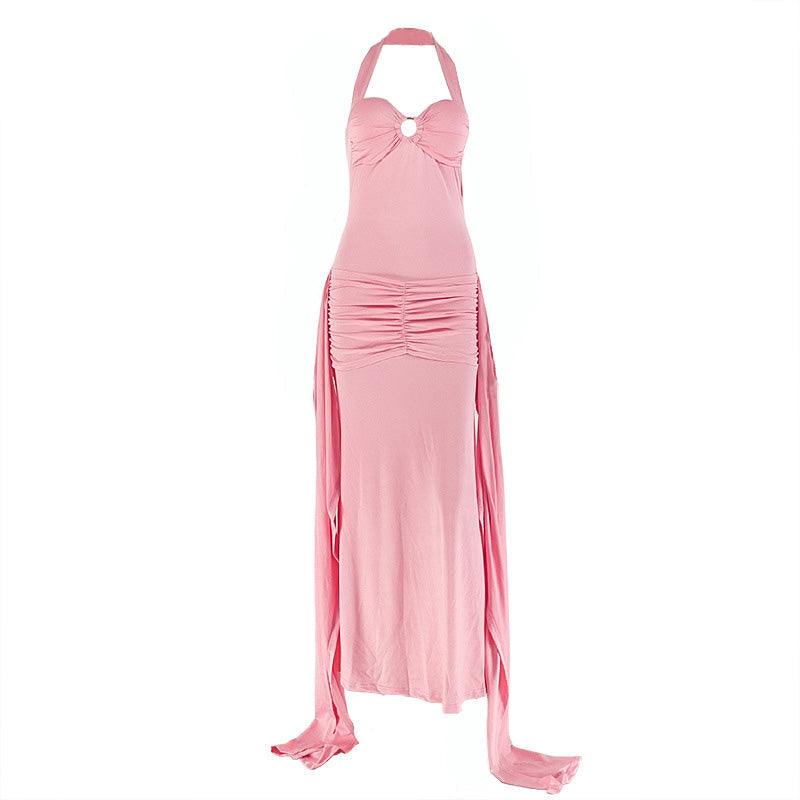 Glamorous Pink Halter O-Ring Maxi Dress | Ruched Backless for Autumn Events & Resort Getaways