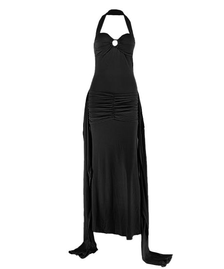 Glamorous Pink Halter O-Ring Maxi Dress | Ruched Backless for Autumn Events & Resort Getaways