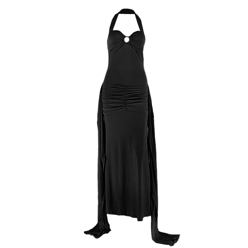 Glamorous Pink Halter O-Ring Maxi Dress | Ruched Backless for Autumn Events & Resort Getaways